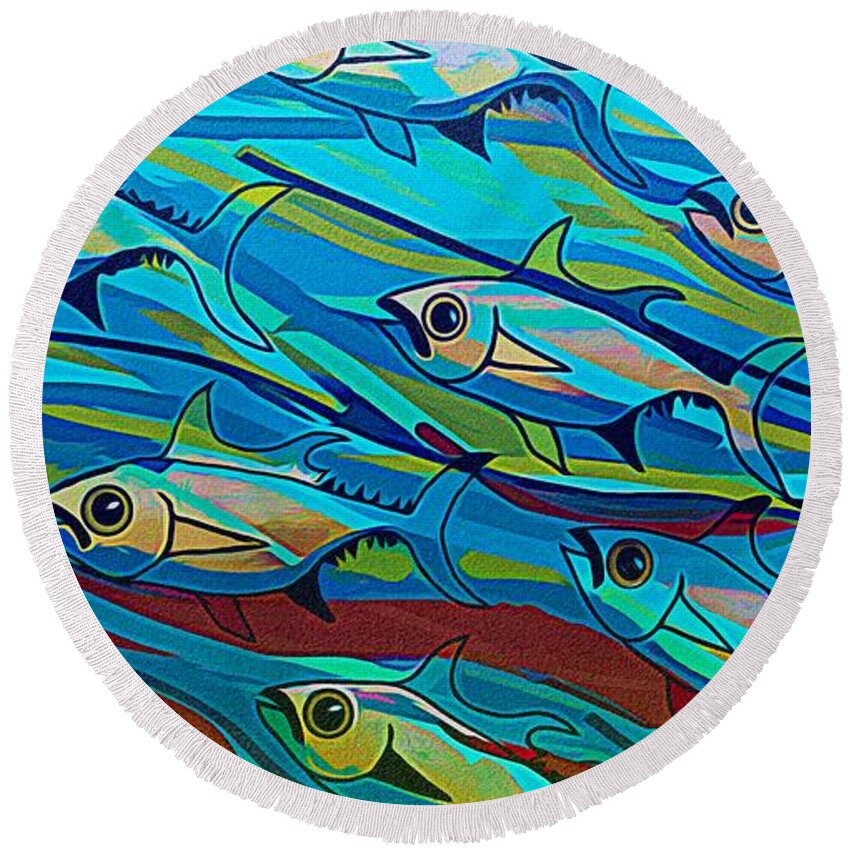 Colour Round Beach Towel featuring the mixed media Coloured Water Fish Fade To White by Joan Stratton