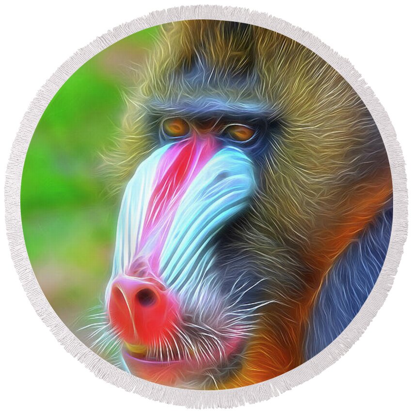Mandrill Round Beach Towel featuring the photograph Colourful Mandrill portrait in Digital art style by Gareth Parkes