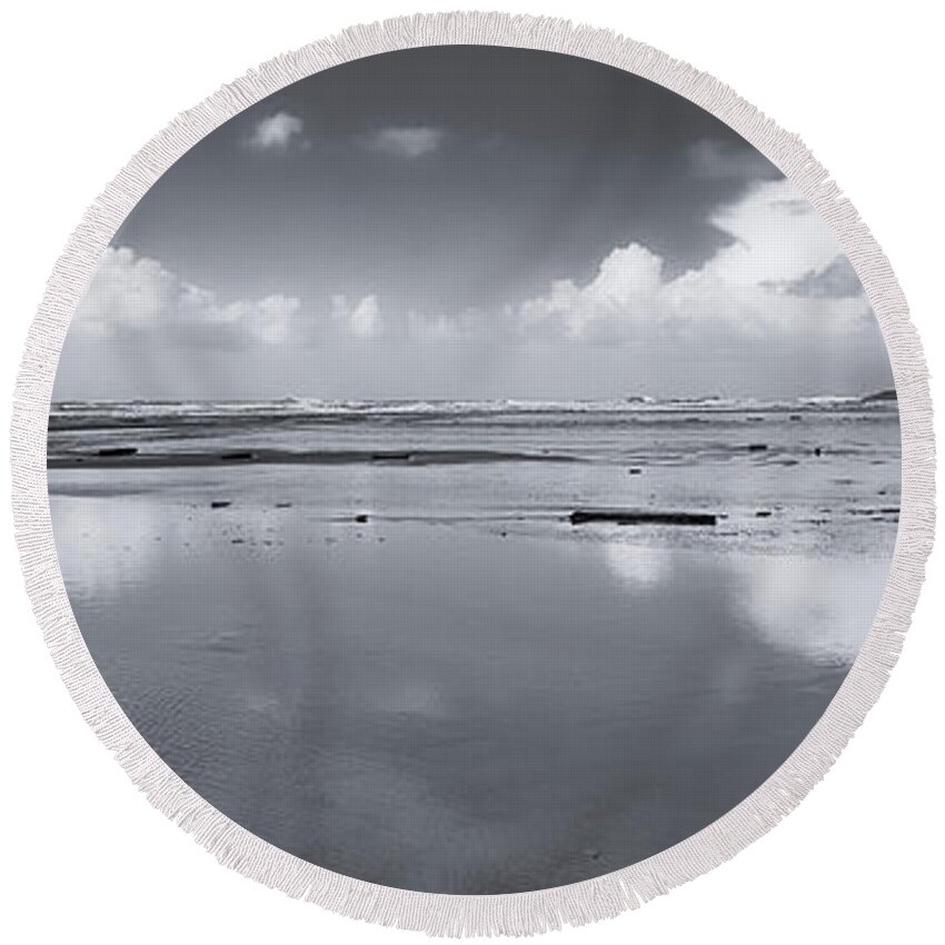 Black And White Photography Round Beach Towel featuring the photograph Comber's Beach Reflection Panorama by Allan Van Gasbeck