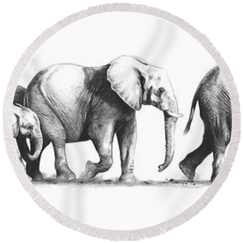 Elephants Round Beach Towel featuring the drawing Come on, Keep up by Paul Dene Marlor
