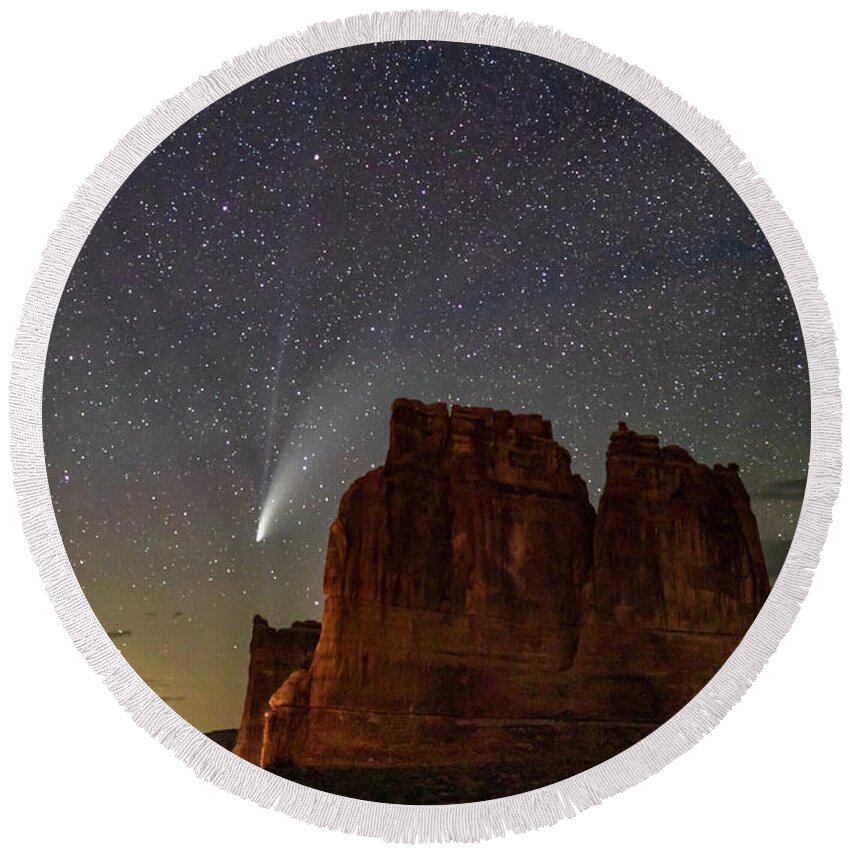 Moab Utah Night Comet Neowise Desert Colorado Plateau Round Beach Towel featuring the photograph Comet NEOWISE and The Big Dipper by Dan Norris