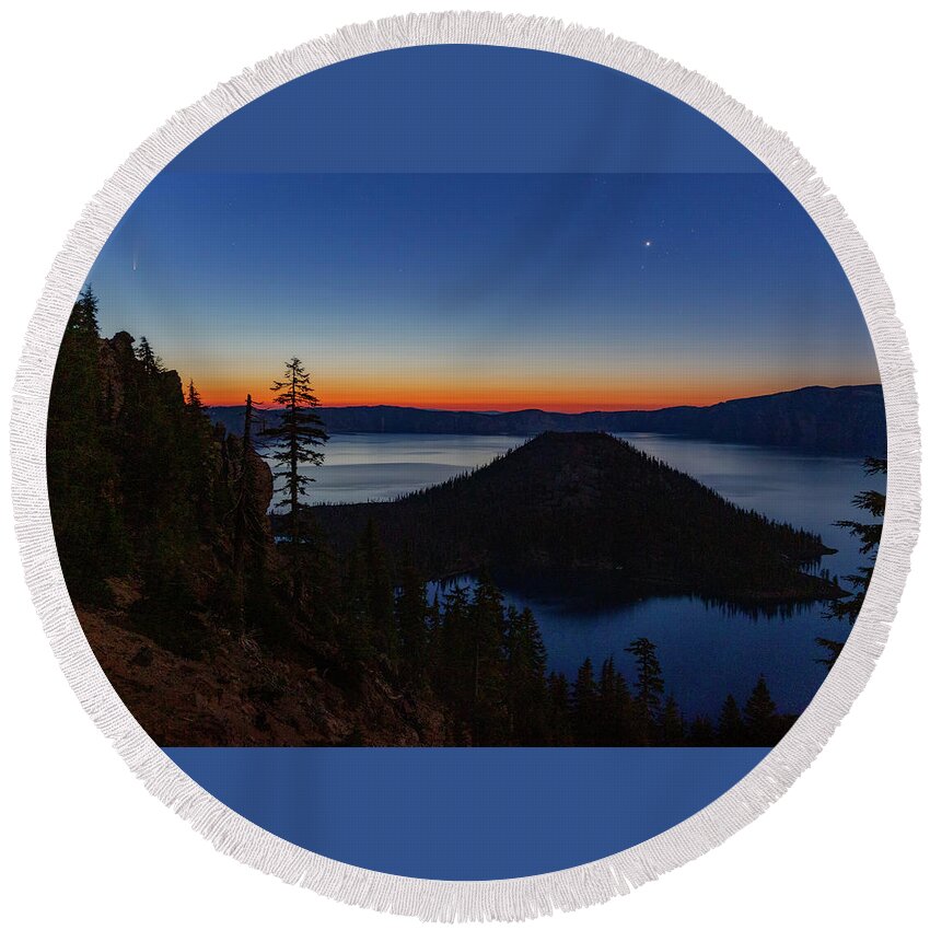 Lake Round Beach Towel featuring the photograph Comet NEOWISE at Crater Lake by Cat Connor