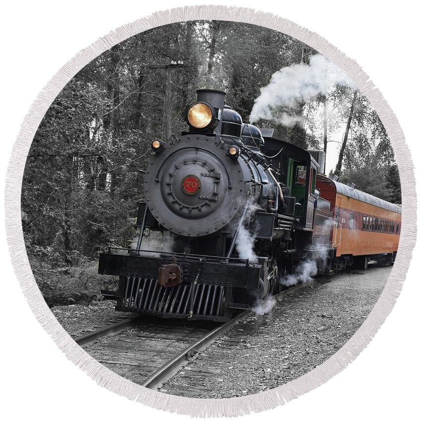 Mt. Rainier Scenic Railroad Round Beach Towel featuring the photograph Comin' Round The Bend by Ron Long