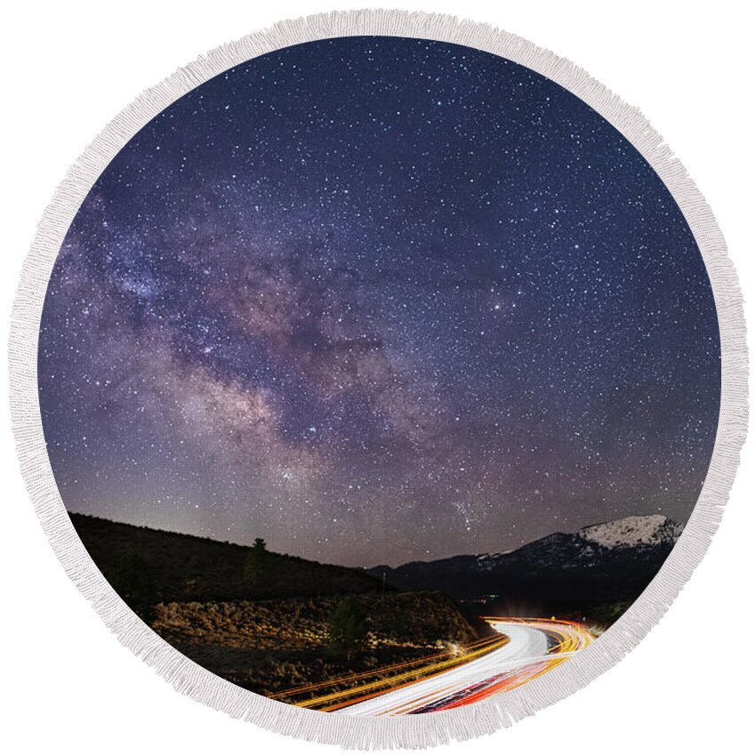 Car Round Beach Towel featuring the photograph Commute to the Core by Mike Lee