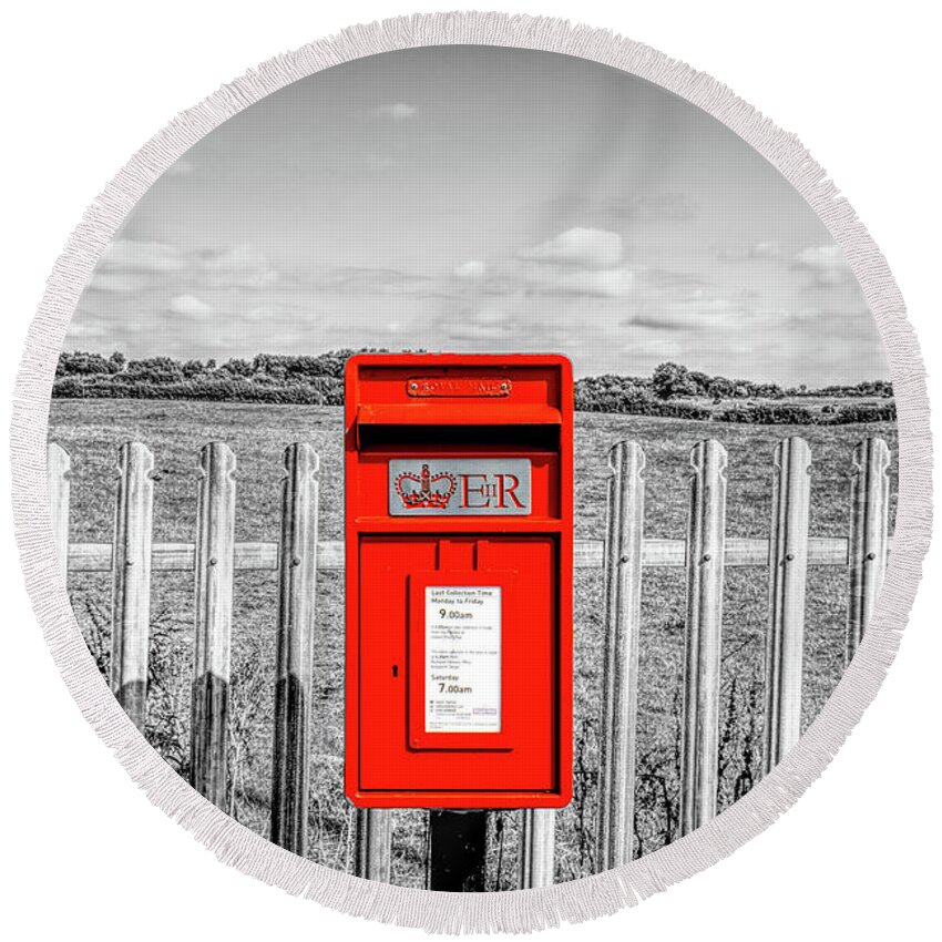 Red Round Beach Towel featuring the photograph Composite of an English mini post box by Pics By Tony