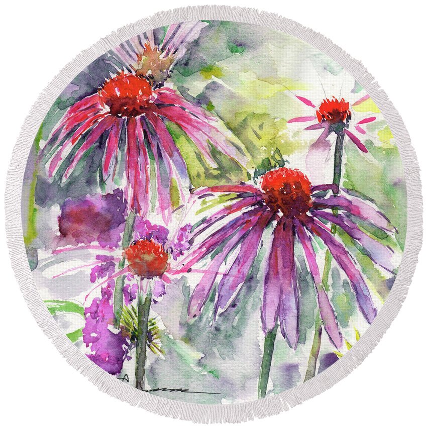 Echinacea Round Beach Towel featuring the painting Coneflowers in Warm Hues by Claudia Hafner
