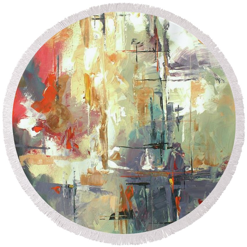 Abstract Round Beach Towel featuring the painting Containment by Michael Lang