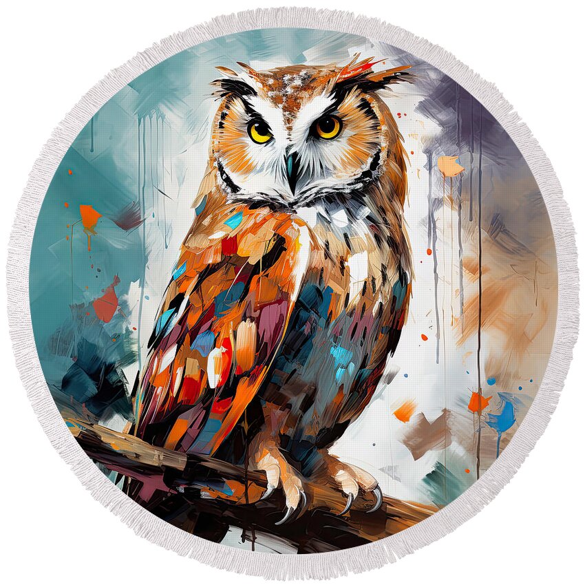 White Owl Round Beach Towel featuring the painting Contemplation - Turquoise and Orange by Lourry Legarde