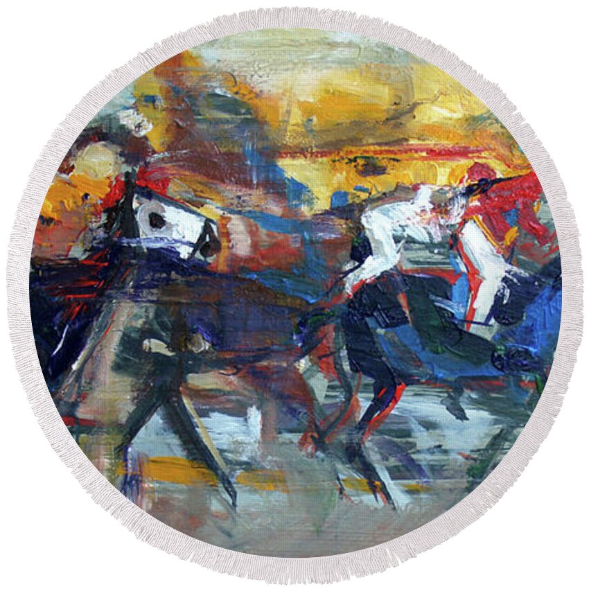 Kentucky Horse Racing Round Beach Towel featuring the painting Controlled Chaos by John Gholson