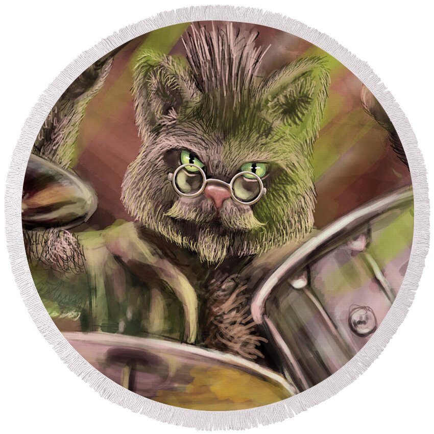 Cat Round Beach Towel featuring the digital art Cool Cat Drummer by Larry Whitler