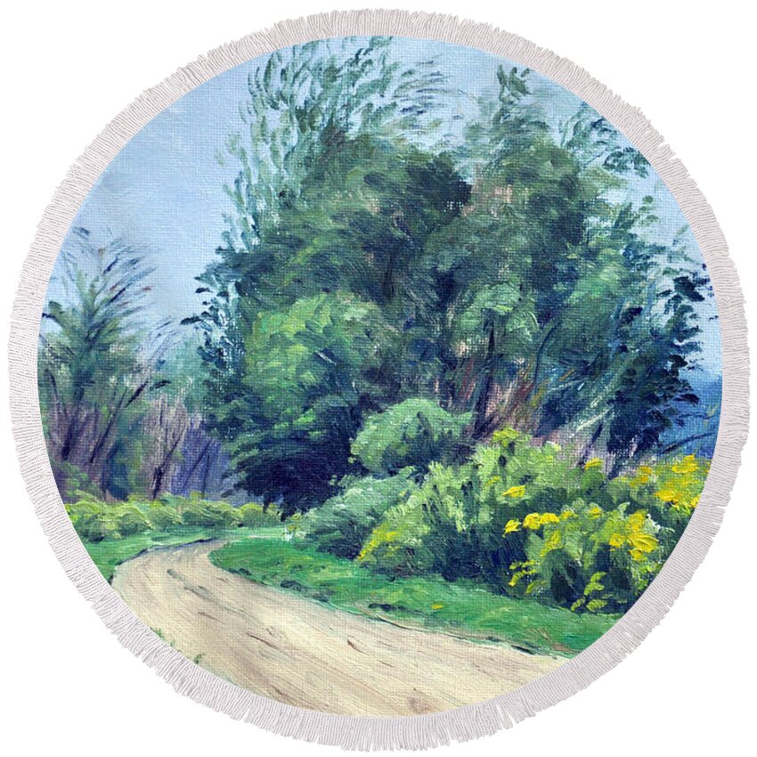 Landscape Round Beach Towel featuring the painting Cool Misty Morning Light by Rick Hansen