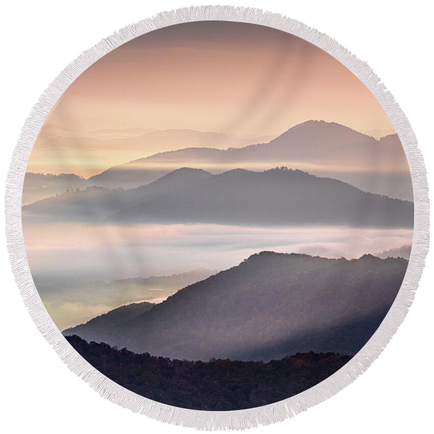Maggie Valley Round Beach Towel featuring the photograph Cool Morning As Light Hits The Mountains by Jordan Hill