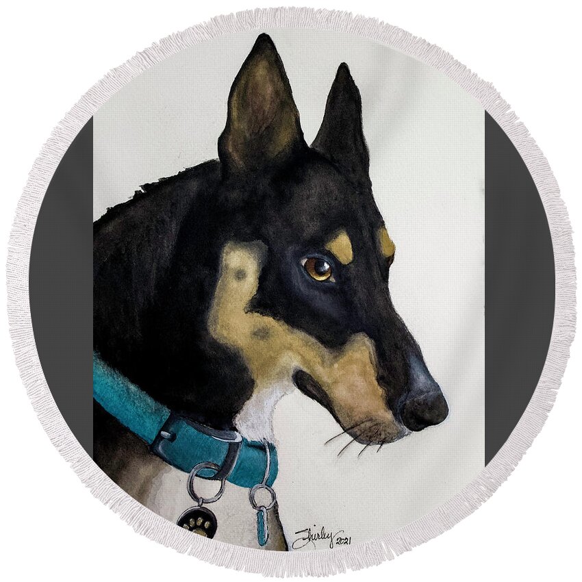 Dog Round Beach Towel featuring the painting Cooper by Shirley Dutchkowski