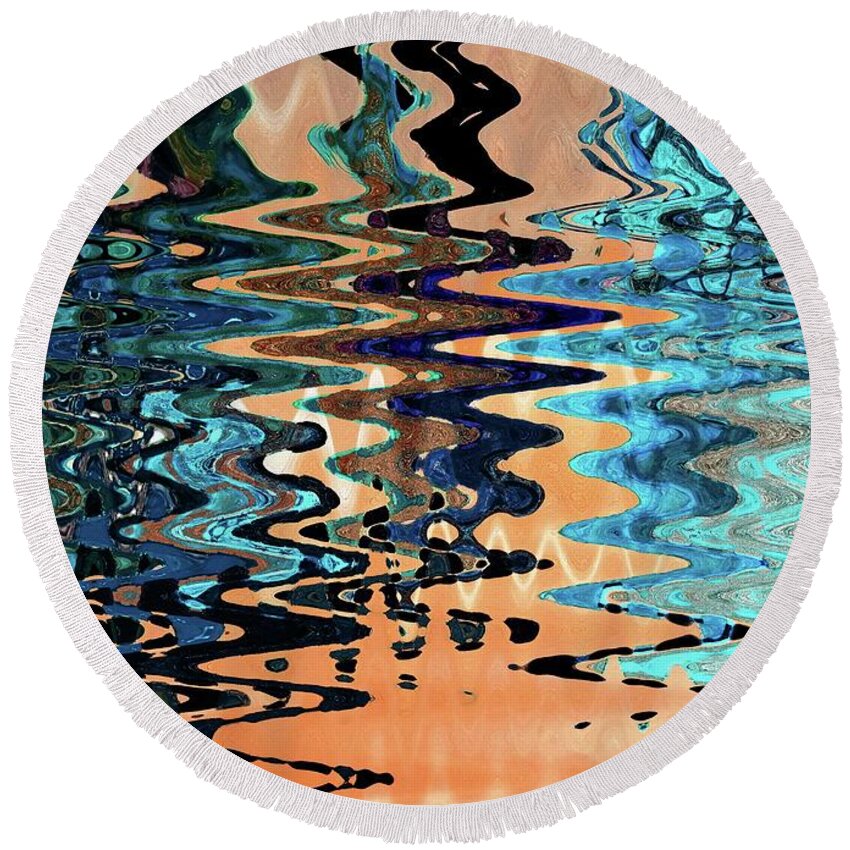 Abstract Round Beach Towel featuring the mixed media Coral and Blue Abstract Movement by Sharon Williams Eng