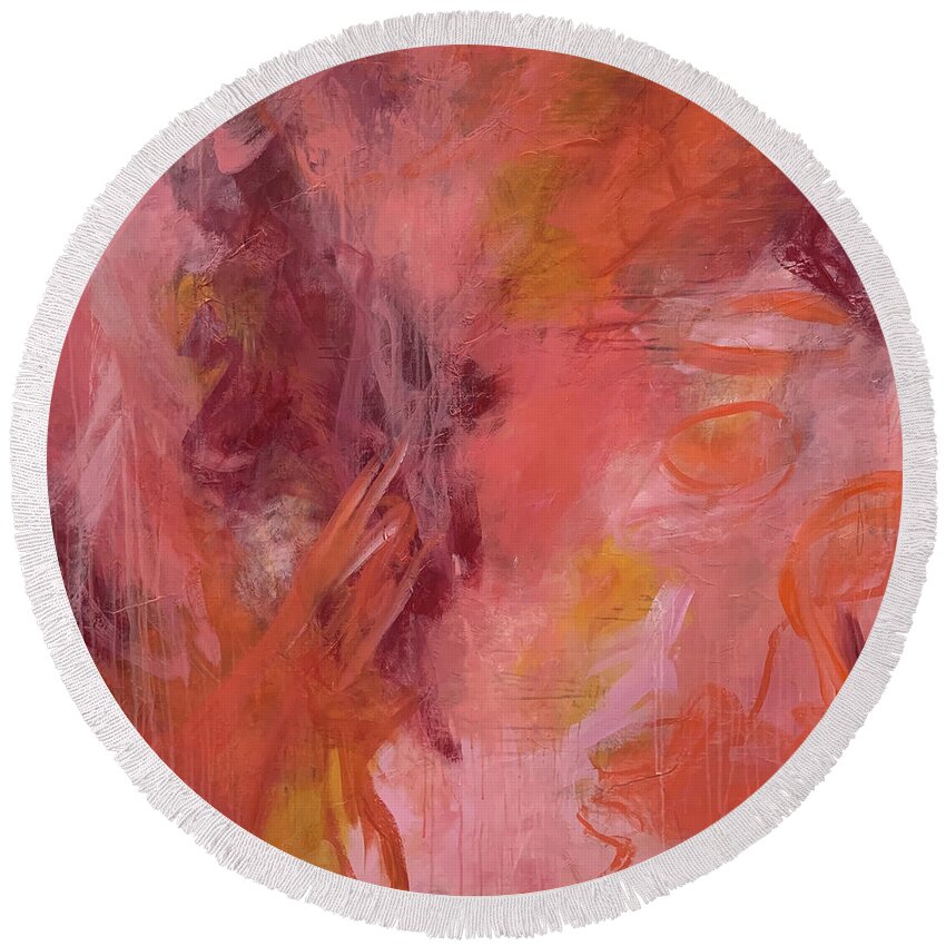 Beautiful Round Beach Towel featuring the painting Coral Orange Pink Abstract by Cheryl Rhodes