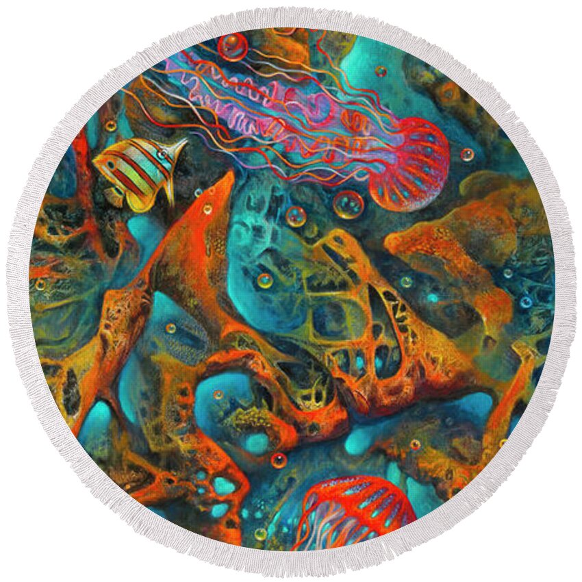Ocean Round Beach Towel featuring the painting Coral Reef - 3D by Ricardo Chavez-Mendez