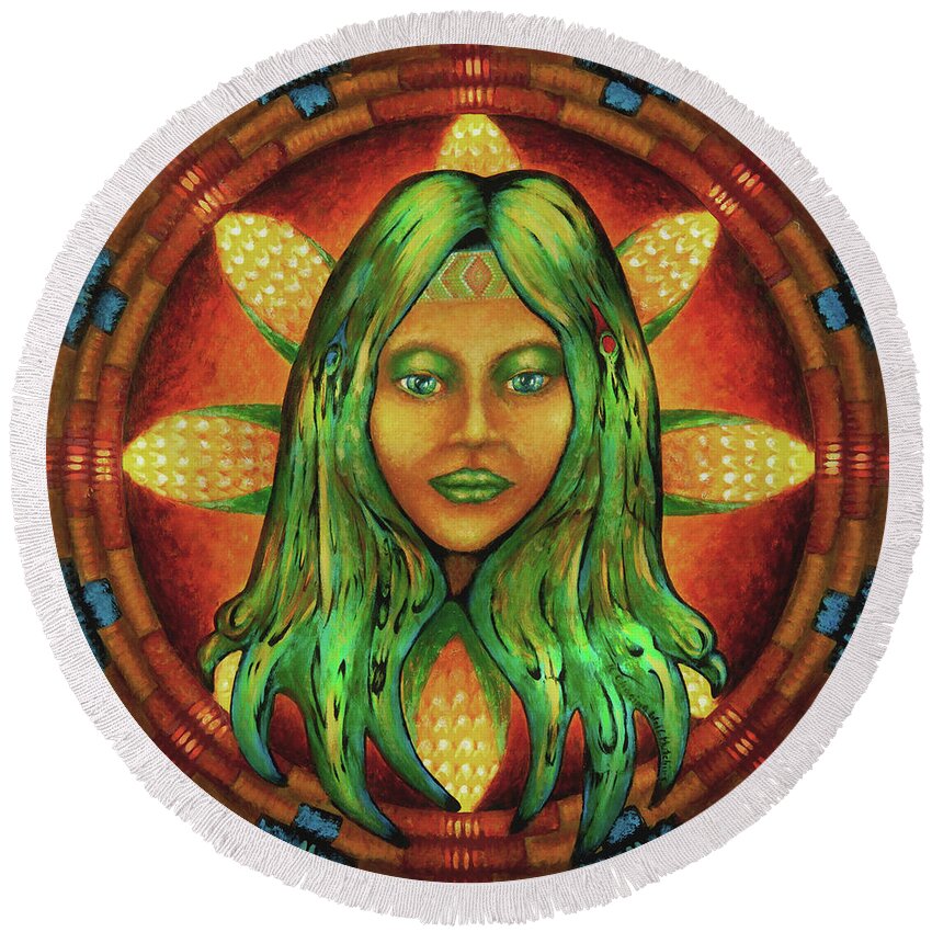 Native American Round Beach Towel featuring the painting Corn Maiden by Kevin Chasing Wolf Hutchins
