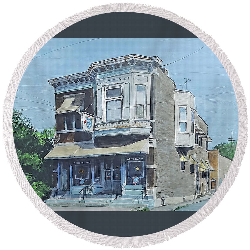Americana Round Beach Towel featuring the painting Corner Bar by William Brody