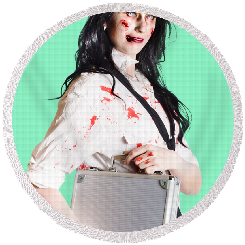 Horror Round Beach Towel featuring the photograph Corps zombie businesswoman by Jorgo Photography