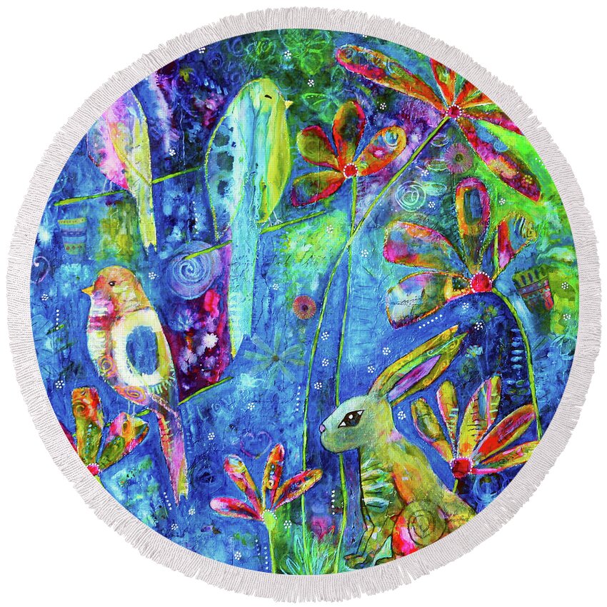 Whimsical Round Beach Towel featuring the painting Cosmic Garden by Winona's Sunshyne