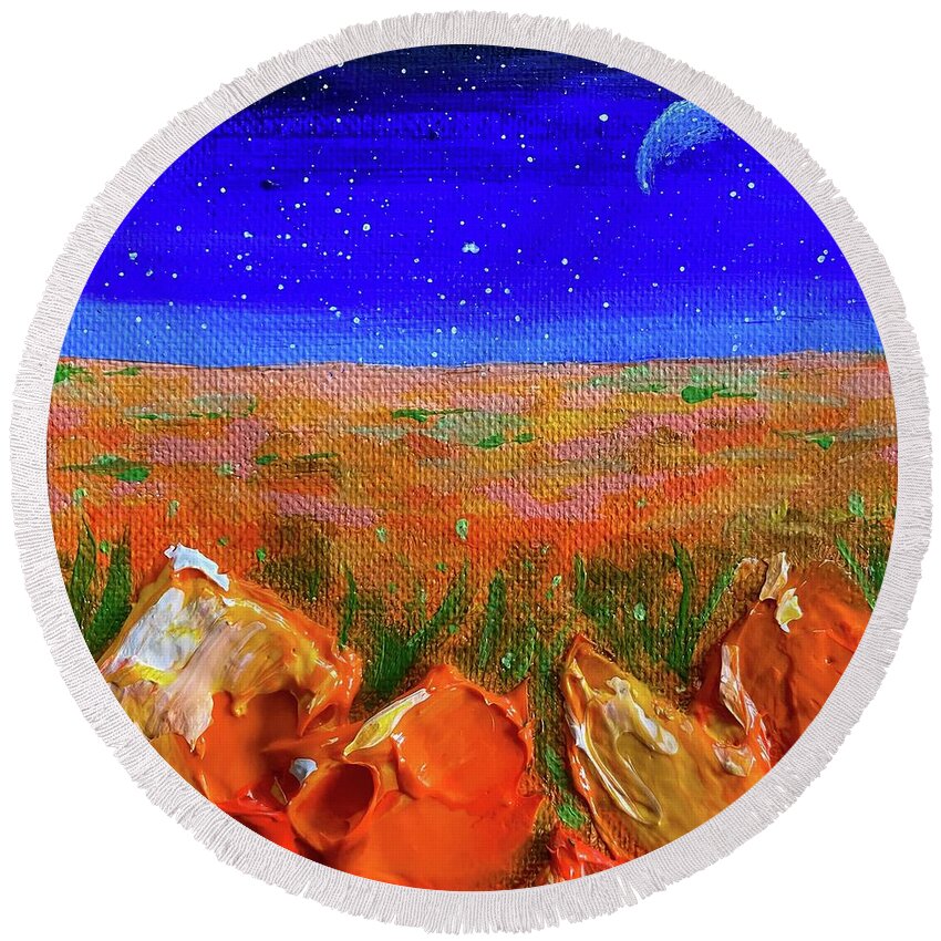 Poppy Round Beach Towel featuring the painting Cosmic Poppy Field by Ashley Wright