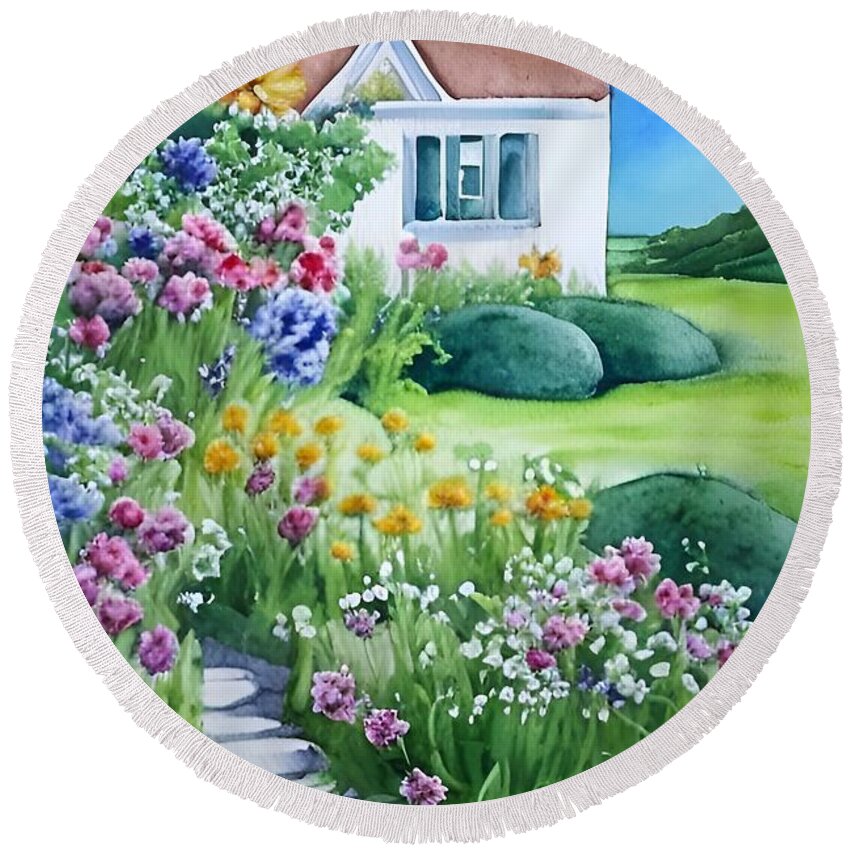 Garden Round Beach Towel featuring the mixed media Cottage Flowers by Bonnie Bruno