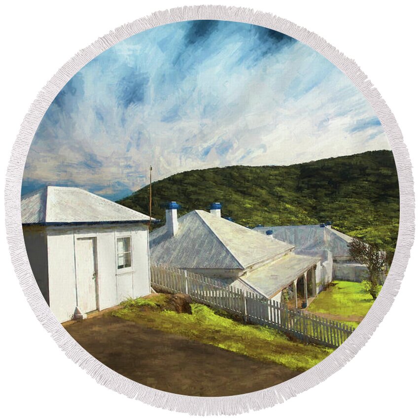 Painterly Image Round Beach Towel featuring the photograph Cottages at Smoky Cape, Rembrandt style by Sheila Smart Fine Art Photography