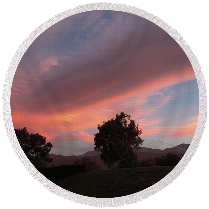 Landscape Round Beach Towel featuring the photograph Cotton Candy Sky V by Leslie Porter