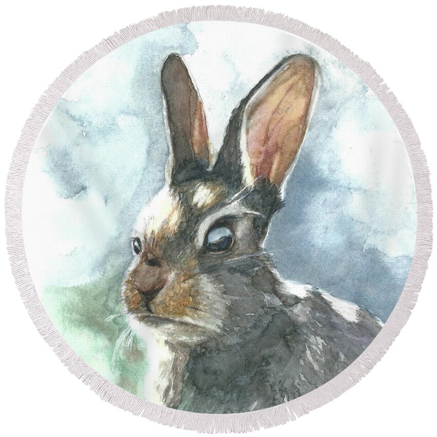 Rabbit Round Beach Towel featuring the painting Cottontail Rabbit by Pamela Schwartz