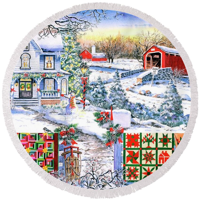 Snow Round Beach Towel featuring the painting Country Christmas by Diane Phalen