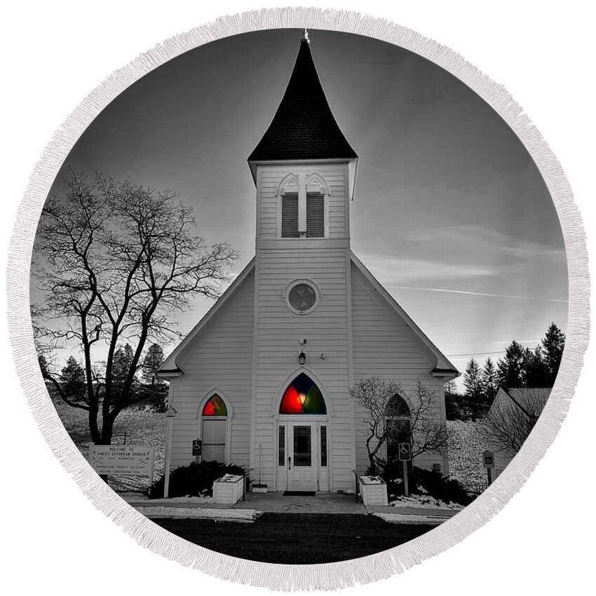Selective Color Round Beach Towel featuring the photograph Country Church by Jerry Abbott