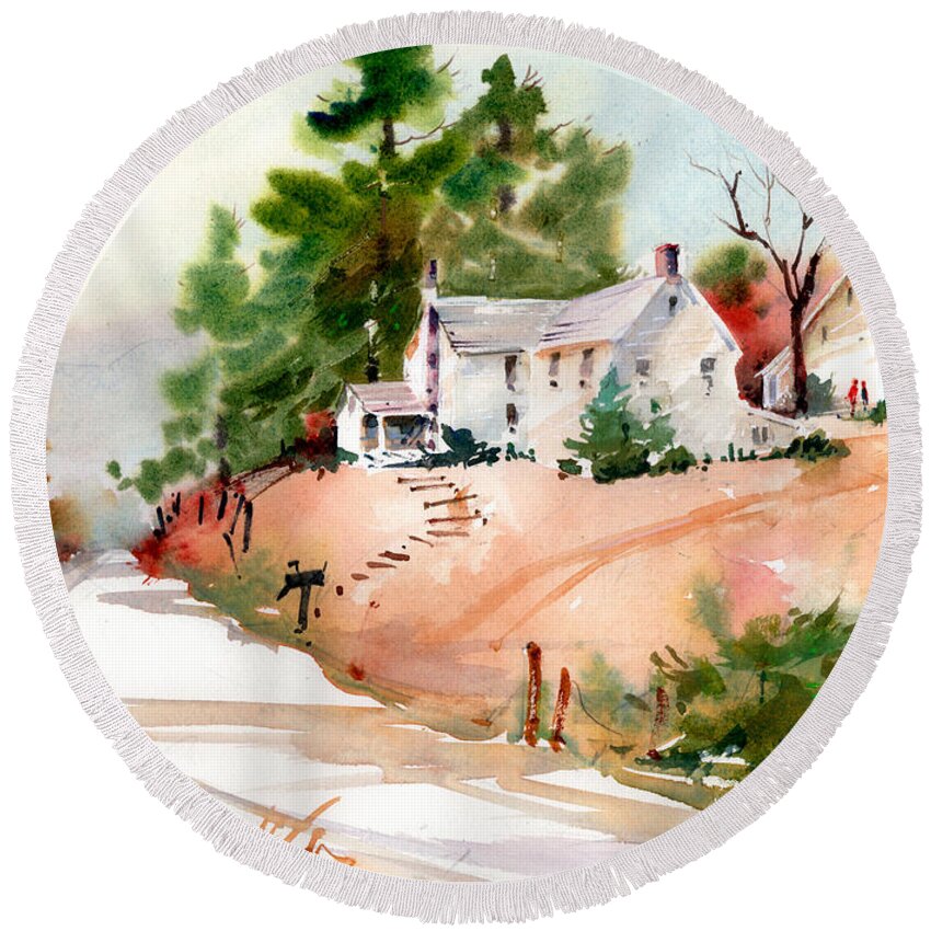 Country Road Round Beach Towel featuring the painting Country Farm House by P Anthony Visco