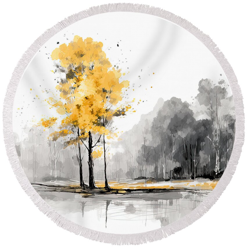 Yellow Round Beach Towel featuring the painting Country Life- Yellow And Gray Art by Lourry Legarde