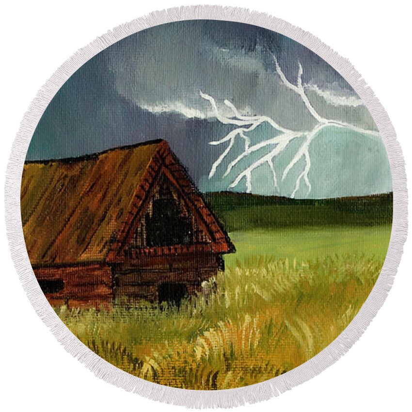 Storm Round Beach Towel featuring the painting Country Lightning by Shirley Dutchkowski