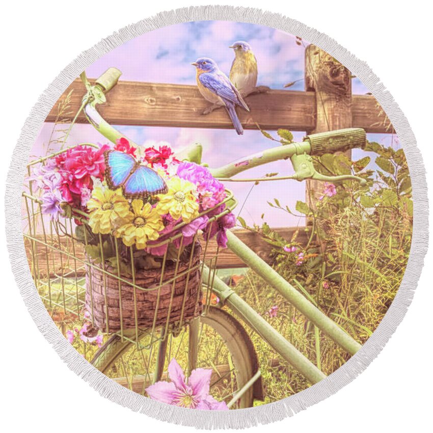 Birds Round Beach Towel featuring the photograph Country Summer Breeze on a Bicycle by Debra and Dave Vanderlaan