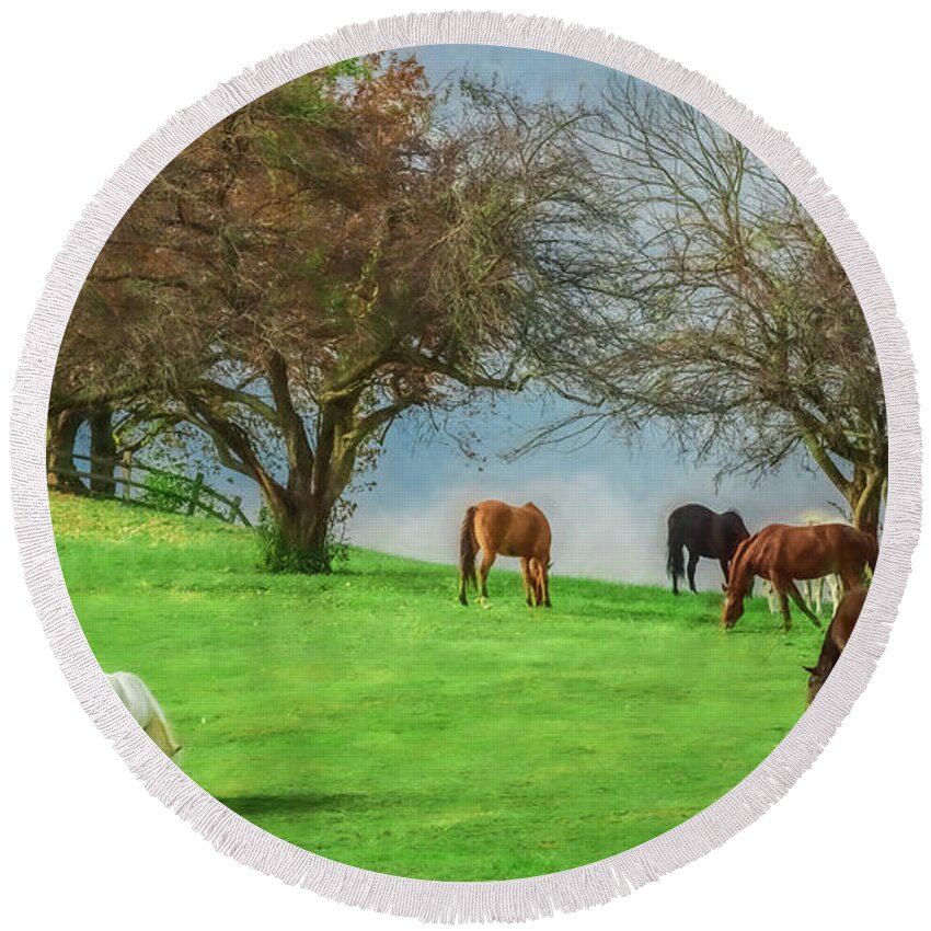 Horses Round Beach Towel featuring the photograph County Living by Kevin Lane