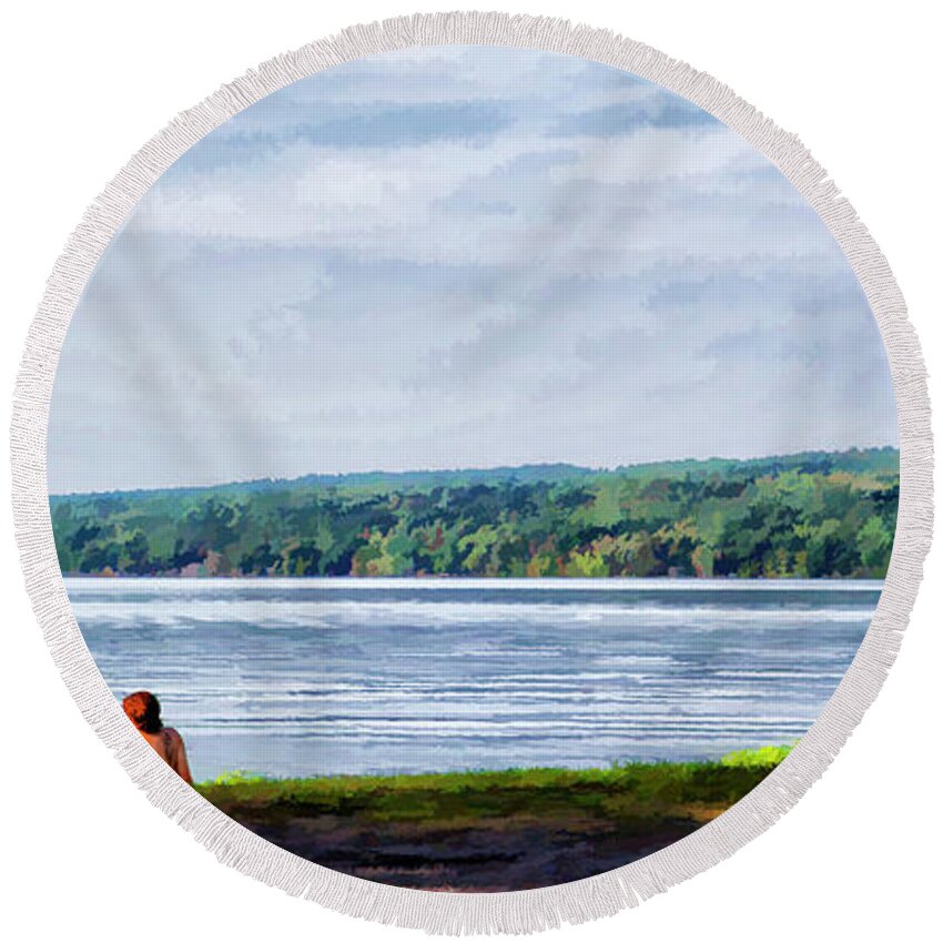 Cayuga Round Beach Towel featuring the photograph Couple at the Lake Shore by Monroe Payne
