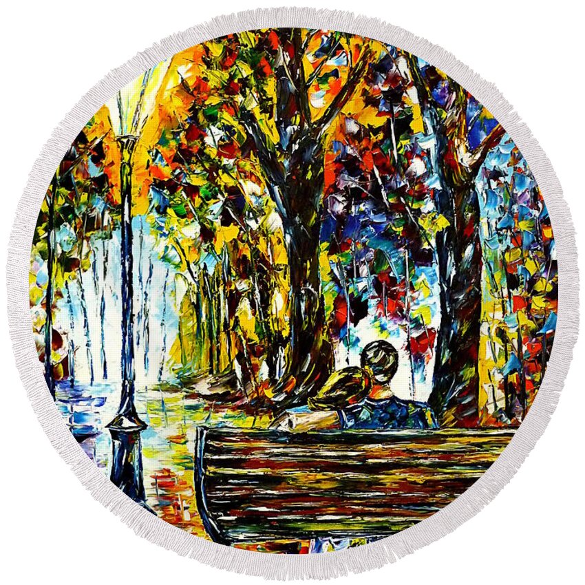 Lovers On A Bench Round Beach Towel featuring the painting Couple On A Bench by Mirek Kuzniar