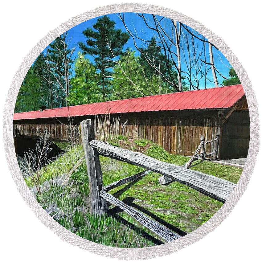 Covered Bridge Round Beach Towel featuring the painting Covered Bridge #2 by Boots Quimby