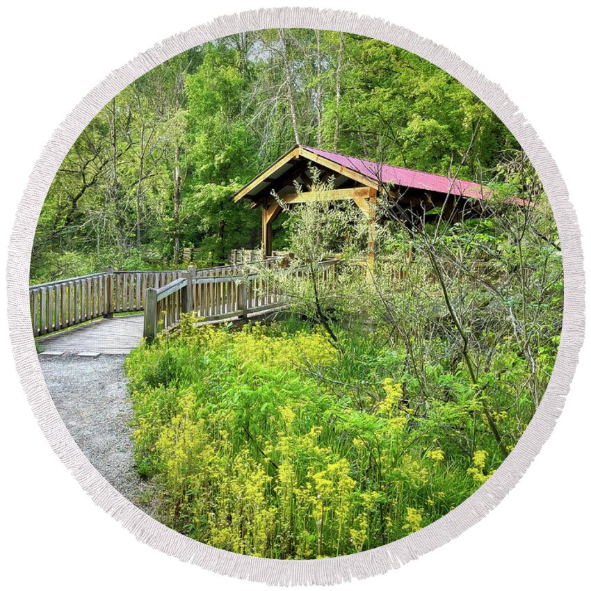 Carolina Round Beach Towel featuring the photograph Covered Bridge along the River Walk by Debra and Dave Vanderlaan