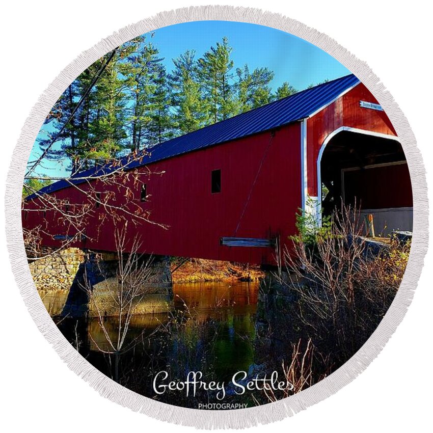 Round Beach Towel featuring the photograph Covered Bridge in Fall by Geoffrey Settles