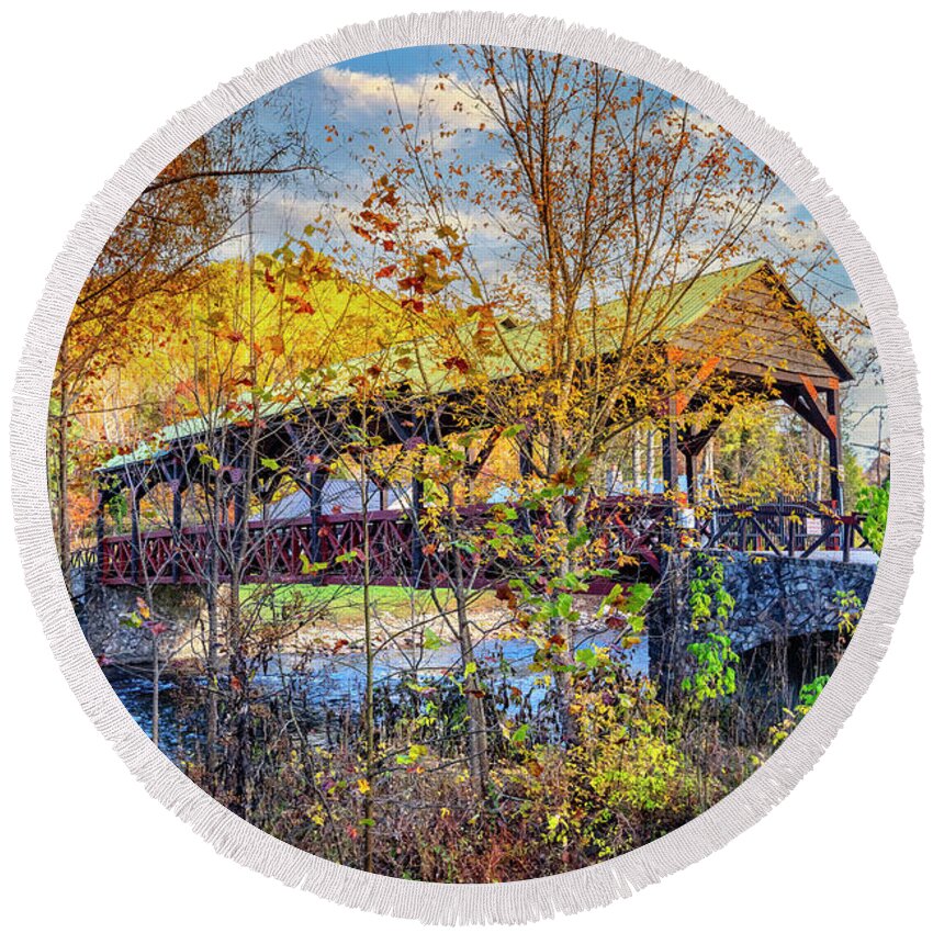 Carolina Round Beach Towel featuring the photograph Covered Bridge in the Autumn Smoky Mountains by Debra and Dave Vanderlaan