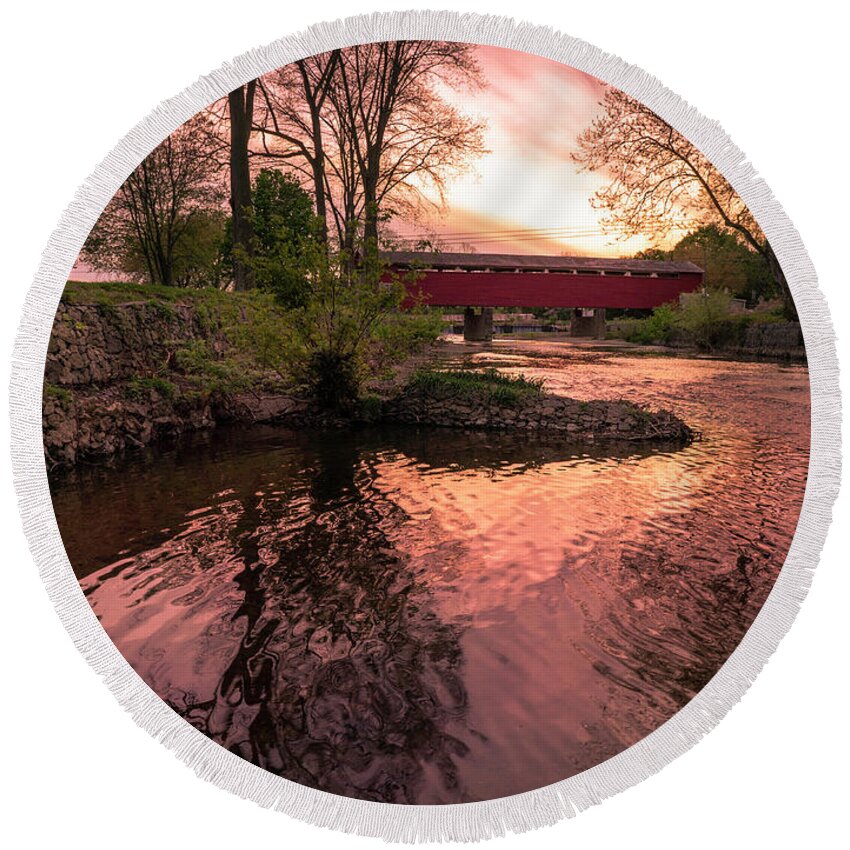 Covered Round Beach Towel featuring the photograph Covered Bridge Sunset on the River by Jason Fink