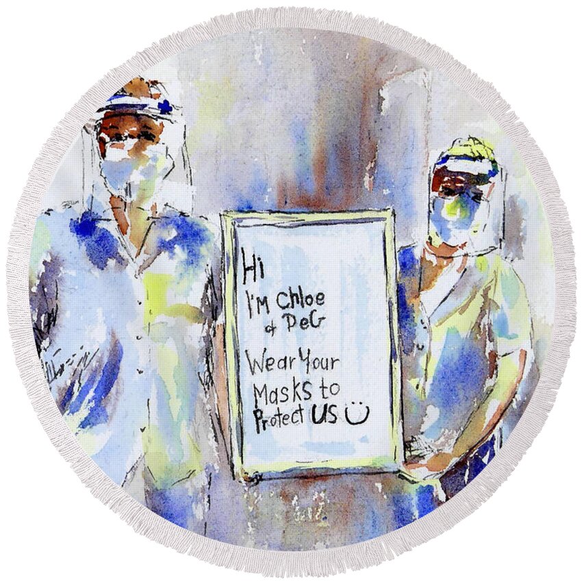 Pen And Ink Round Beach Towel featuring the painting COVID 19 Health Care Workers Clear Face Shields Pen Watercolour Wash by Ryn Shell