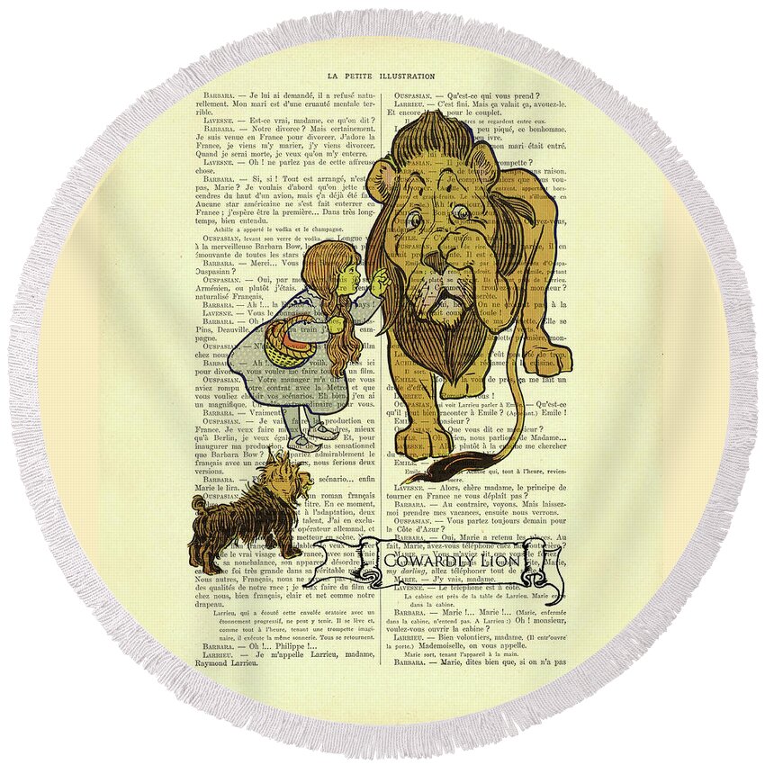 The Wizard Of Oz Round Beach Towel featuring the mixed media Cowardly Lion by Madame Memento