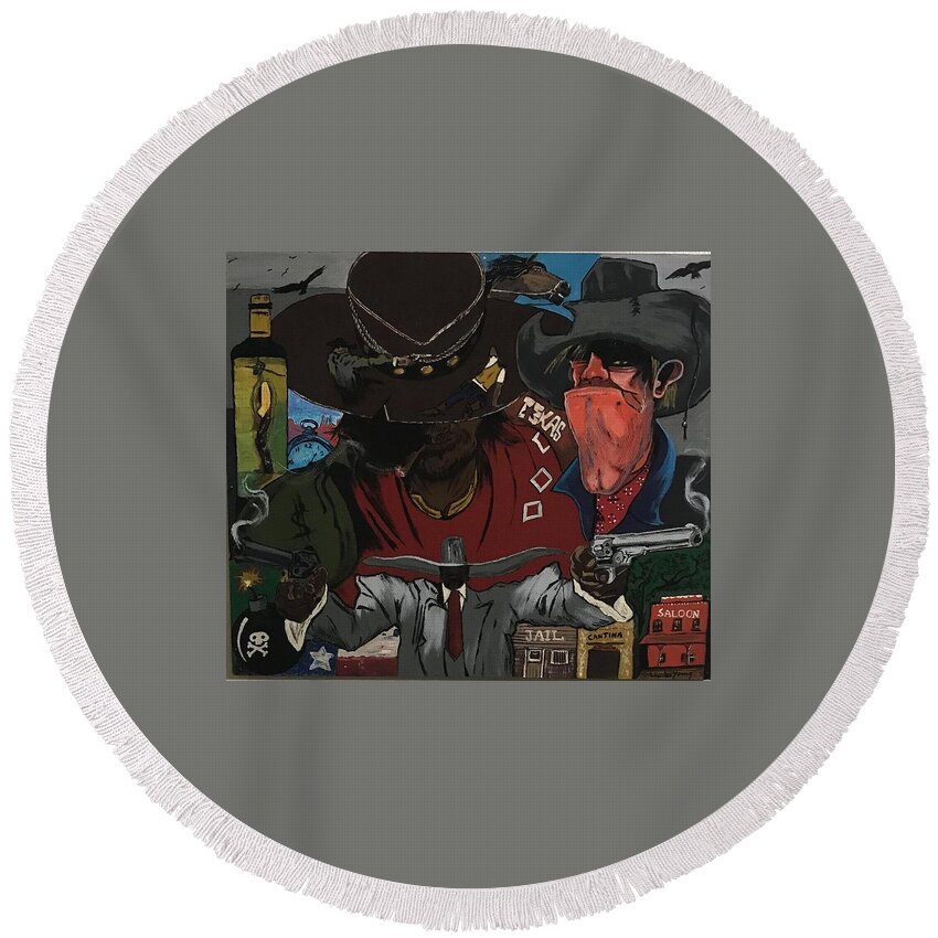  Round Beach Towel featuring the painting Cowboy Collage by Charles Young
