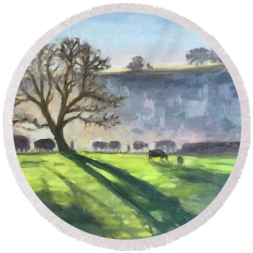 Cow Round Beach Towel featuring the painting Cows at Sundown by Anne Marie Brown