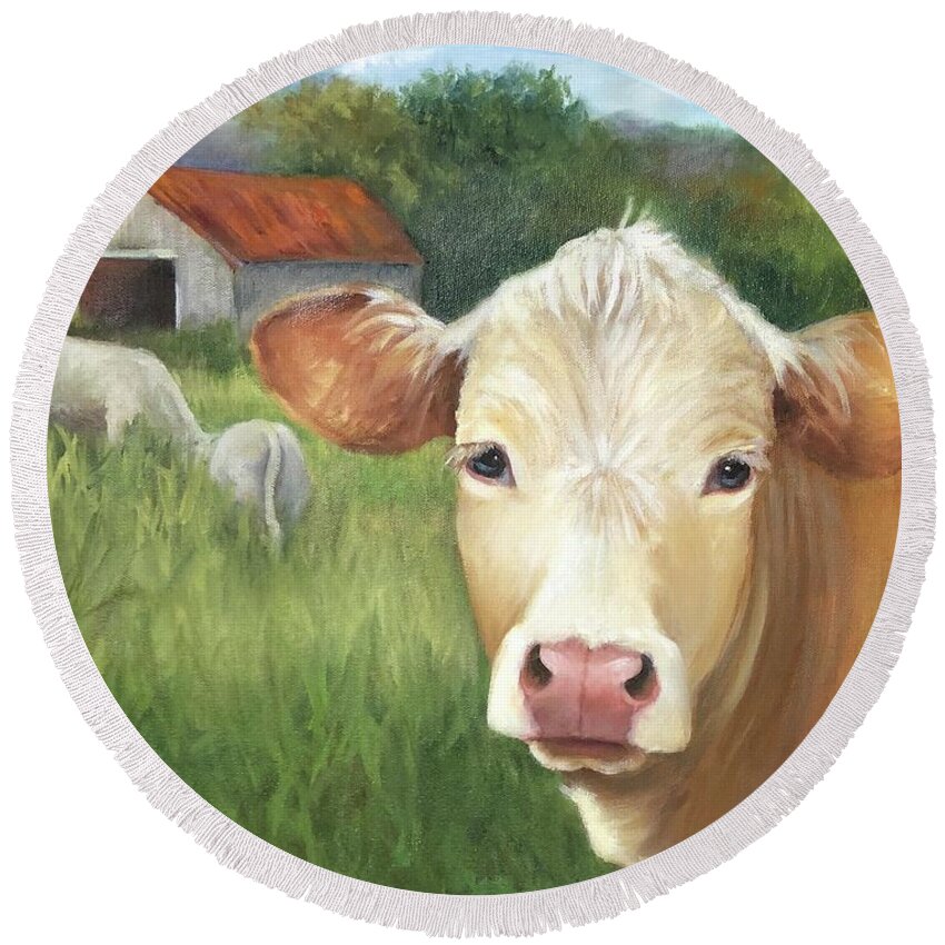 Cows Round Beach Towel featuring the painting Cows Gazing and Grazing in Arkansas Paddock by Cheri Wollenberg by Cheri Wollenberg