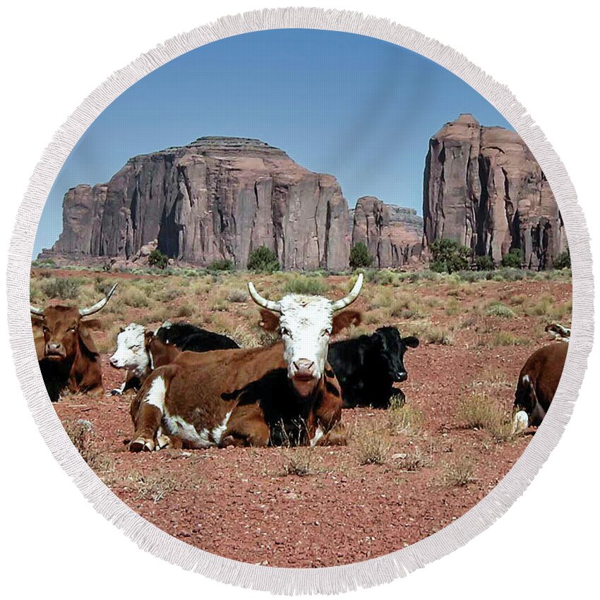 Monument Valley Round Beach Towel featuring the photograph Cows in the Mittens by Louis Dallara