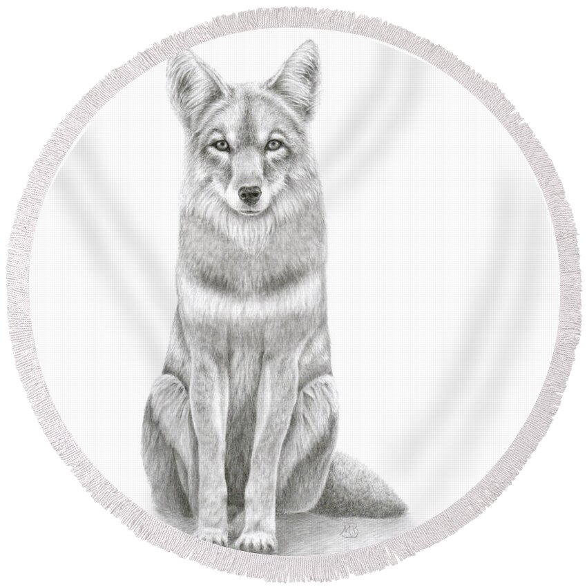 Coyote Round Beach Towel featuring the drawing Coyote by Monica Burnette